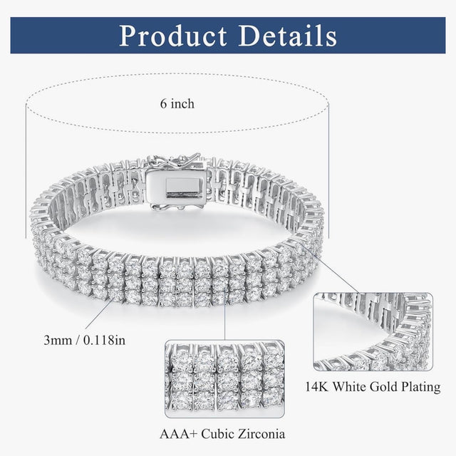 2 Rows Tennis Bracelets for Women Men - 18K Yellow Gold Plated 3mm Round Cut Cubic Zirconia Classic Tennis Bracelet, Size 6.5-8.5 Inch
