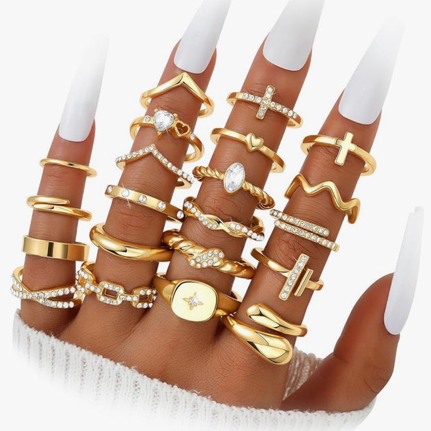 Gold Stackable Rings Set for Women, Gold Plated Chunky Crystal Finger Midi Stacking Rings, Dainty Statement Thumb Knuckle Rings Pack for Gift, Multiple Sizes Jewelry