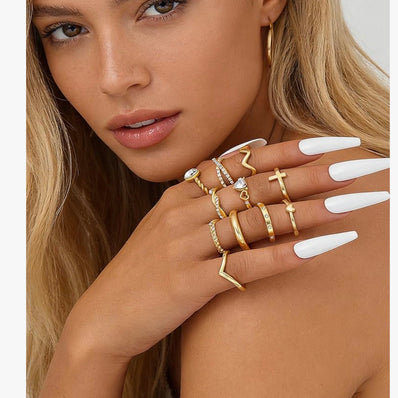 Gold Stackable Rings Set for Women, Gold Plated Chunky Crystal Finger Midi Stacking Rings, Dainty Statement Thumb Knuckle Rings Pack for Gift, Multiple Sizes Jewelry