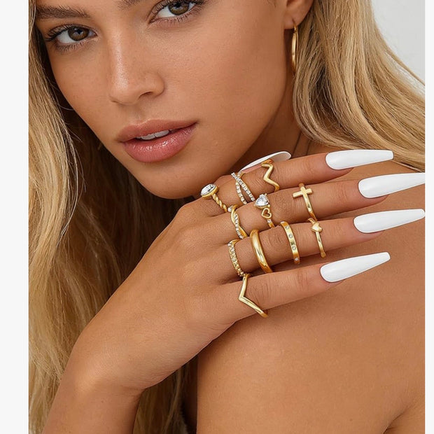 Gold Stackable Rings Set for Women, Gold Plated Chunky Crystal Finger Midi Stacking Rings, Dainty Statement Thumb Knuckle Rings Pack for Gift, Multiple Sizes Jewelry